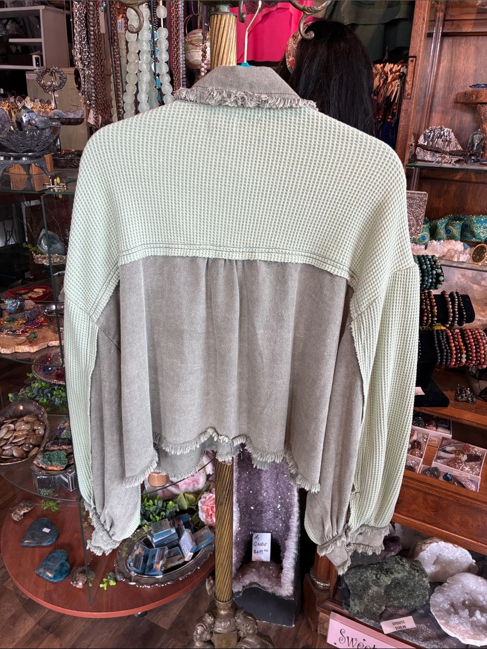 Olive Green Mixed-Texture Cropped Jacket - Picture 4 of 4